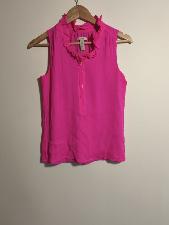 J. Crew Tops - J Crew 100% Silk Chiffon Ruffle Trim Sleeveless Blouse sz 4 Neon Pink Lux Chic